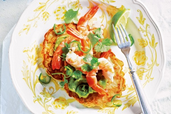 Mexican corn cakes with avocado and prawns