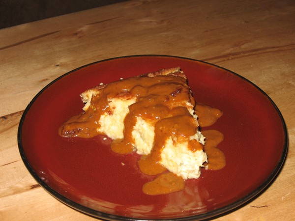 Mexican corn pudding served with smoky chipotle sauce