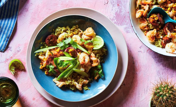 Mexican green rice with prawns and chorizo