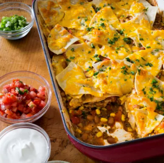 Mexican lasagna with turkey, corn, and pinto beans