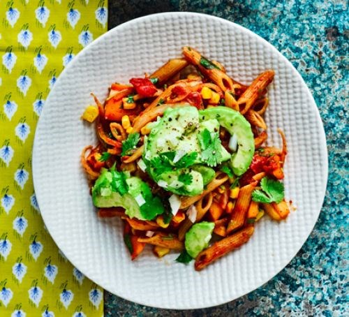 Mexican penne with avocado 