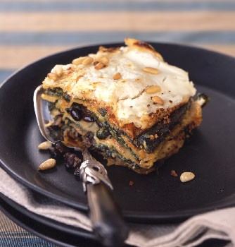 Mexican poblano, spinach, and black bean "lasagne" with goat cheese