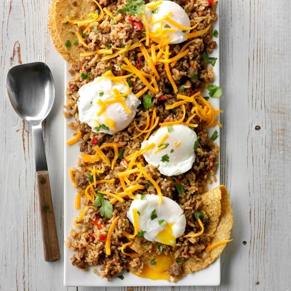 Mexican rice with poached eggs