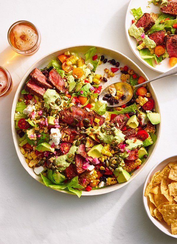 Mexican steak salad with summer corn and hot honey dressing