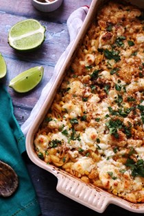 Mexican street corn and zucchini baked macaroni and cheese