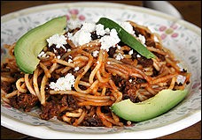 Mexican-style pasta with tomato sauce and chorizo