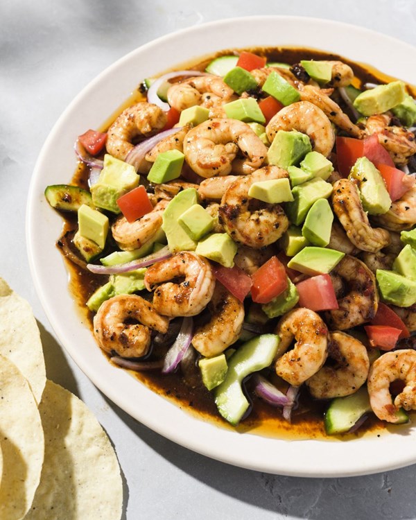 Mexican-style shrimp in chili-lime sauce (Aguachile negro)