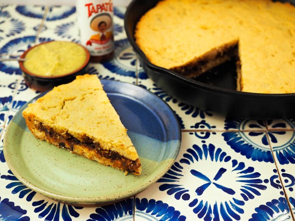 Mexican tamale pie (Cazuela de tamal) with black bean filling