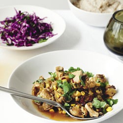 Mexican white chilli chicken with refried beans and slaw