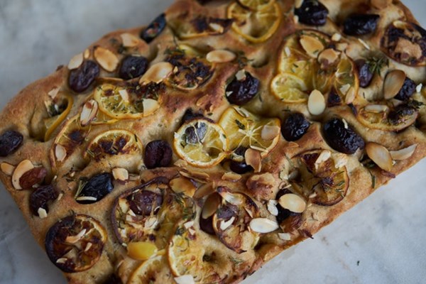 Meyer lemon focaccia with hemp seeds and herbs