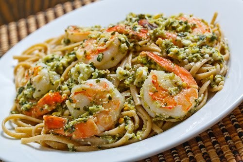 Meyer lemon pesto and feta pasta with shrimp
