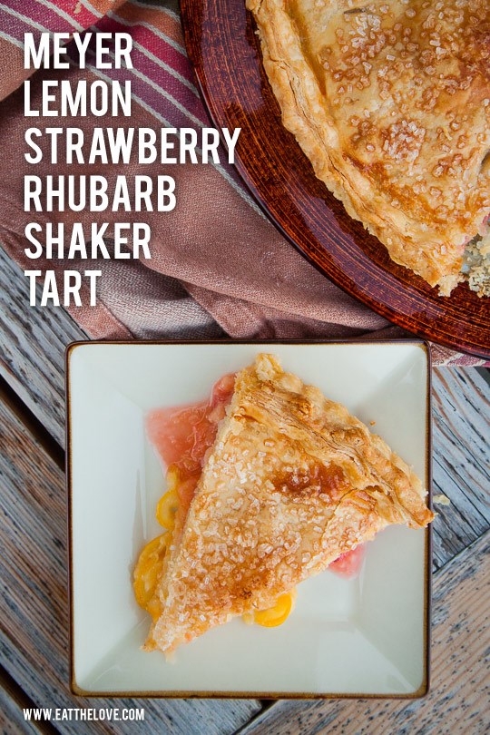 Meyer lemon Shaker tart with strawberries and rhubarb