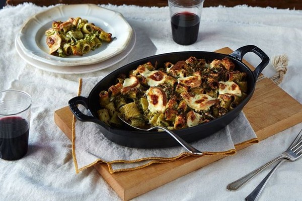 Mezzi rigatoni with broccoli pesto and smoked mozzarella