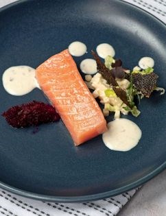 Mi-cuit salmon with beetroot chutney, baby gem lettuce & apple salad