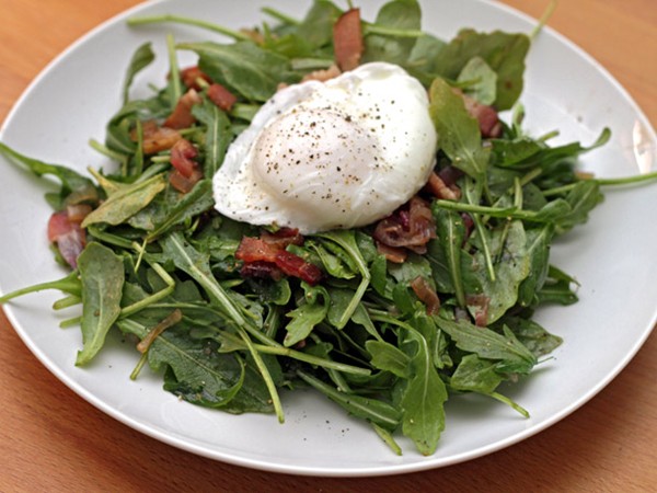 Michael Ruhlman's warm arugula salad with bacon and poached eggs