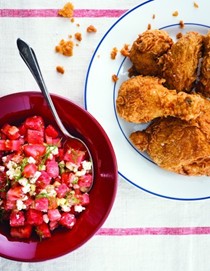 Michy's fried chicken and watermelon Greek salad