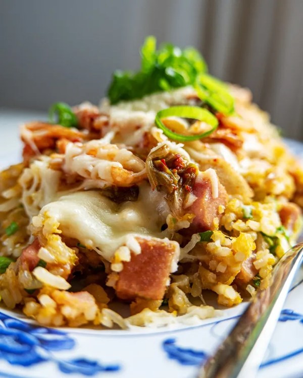 Microwave cheesy egg rice with Spam and kimchi