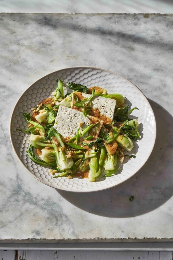 Microwave-steamed tofu with baby bok choy and miso drizzle