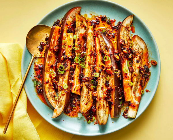 Microwaved eggplant with scallion-chile crisp oil
