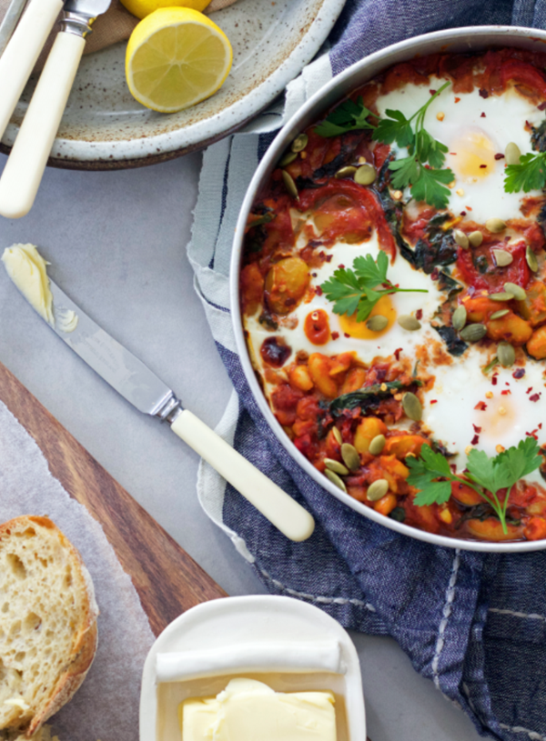 Middle Eastern beans with baked eggs