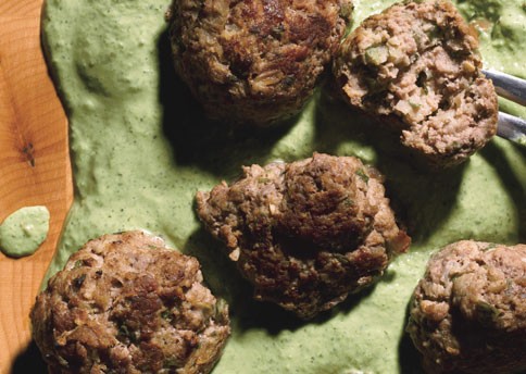 Middle Eastern bison meatballs with cilantro-yogurt sauce