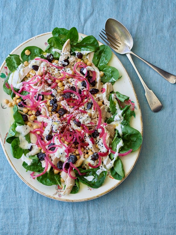 Middle-Eastern chicken & chickpea salad with cumin yoghurt sauce & quick pickles