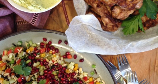 Middle Eastern crunch salad with marinated chicken and parsley hummus