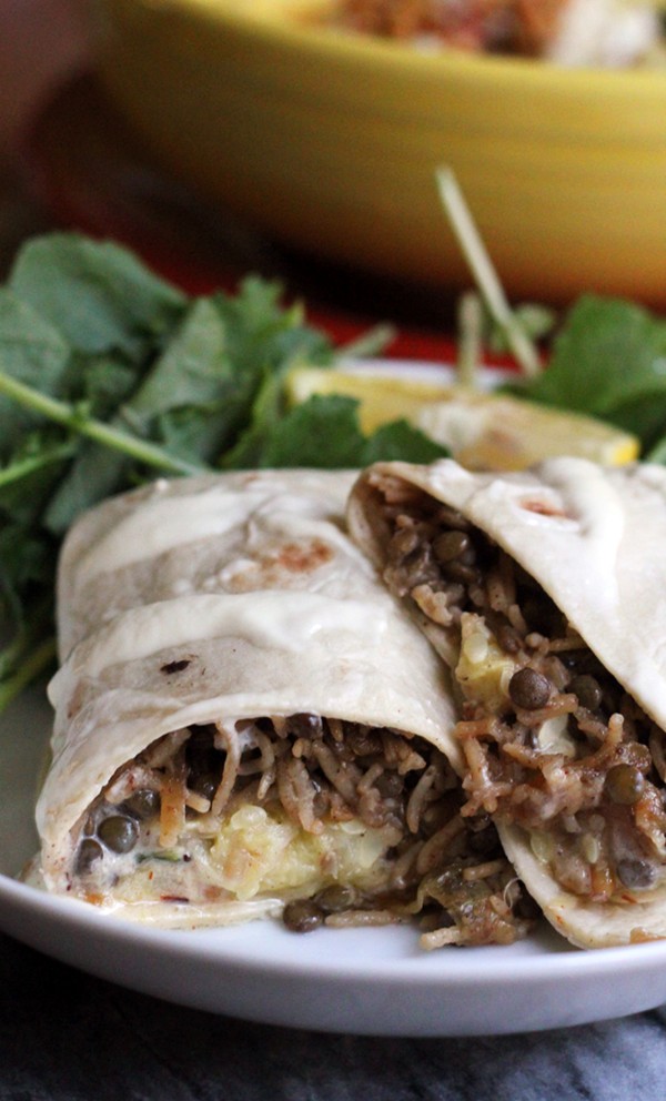 Middle Eastern lentil, rice, and caramelized onion burritos