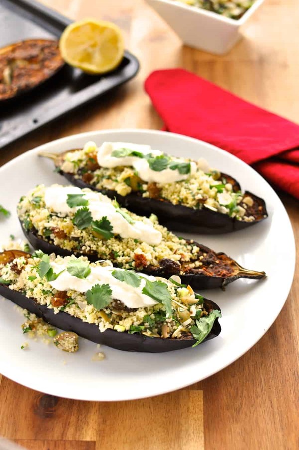 Middle Eastern roasted eggplant with couscous