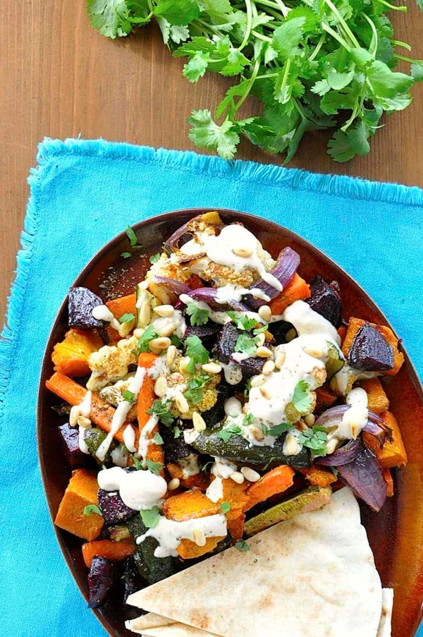 Middle Eastern roasted vegetables with tahini drizzle