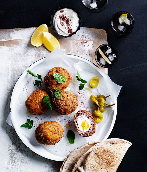 Middle-Eastern Scotch eggs with tahini yoghurt