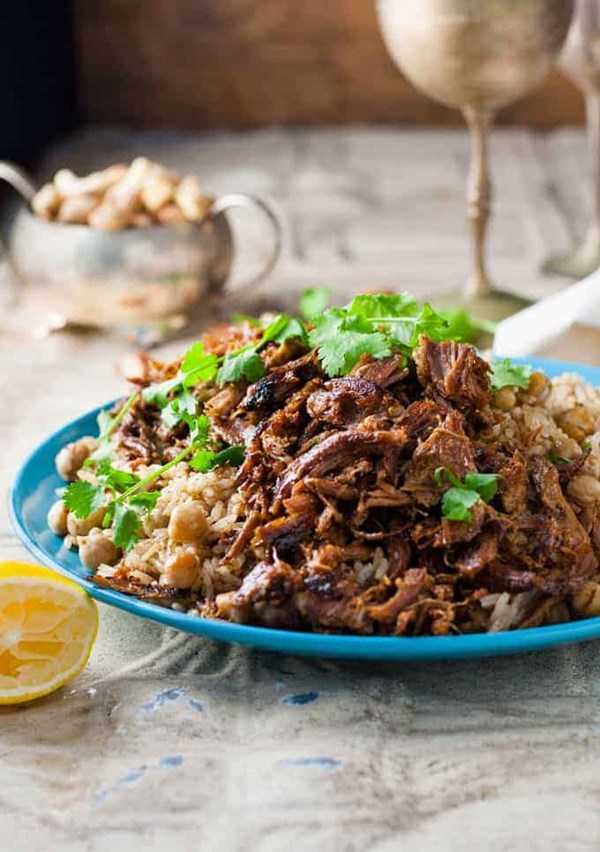 Middle Eastern shredded lamb with chickpea pilaf
