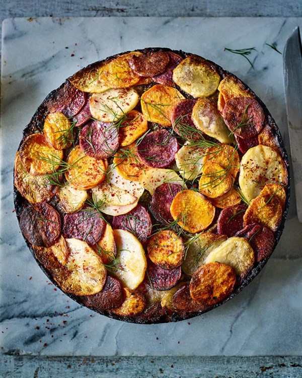 Middle Eastern-spiced nut roast with three-potato topping 
