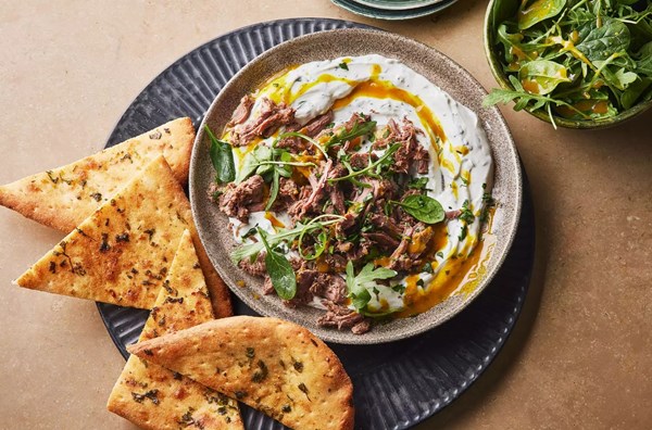 Middle Eastern-style beef with garlic flatbreads & yogurt