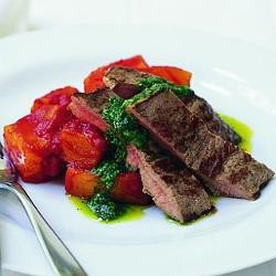 Middle loin of lamb with pumpkin, tomato and basil and parsley sauce