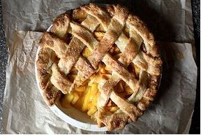 Midsummer night's dream pie with rhubarb, peaches, & raspberries