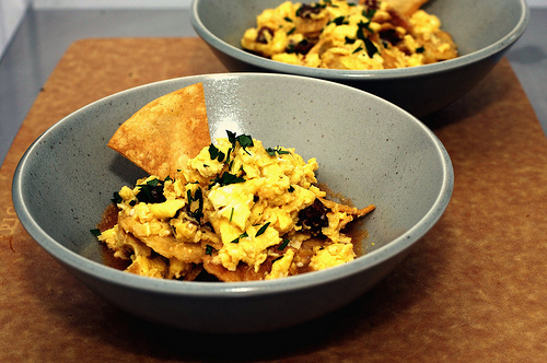 Migas with tomato-chipotle coulis