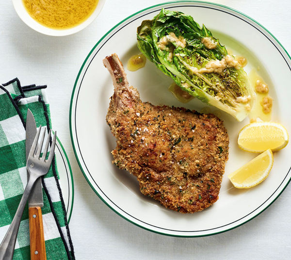 Milanese with charred lettuce and anchovy vinaigrette