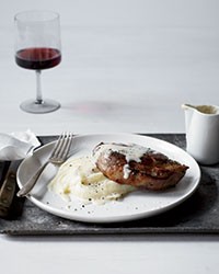 Milk-braised pork chops with mashed potatoes and gravy