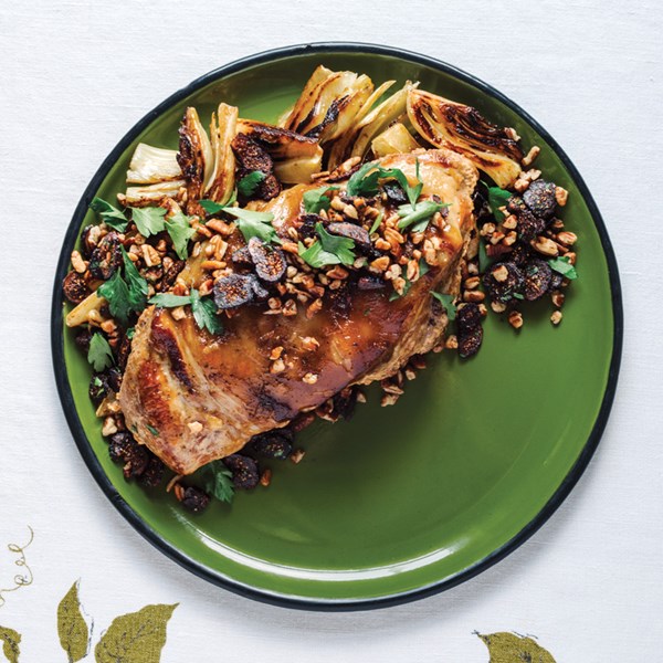 Milk-braised pork shoulder with fennel, pecans and figs