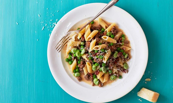 Milk-braised ragu with rosemary, peas, and beans