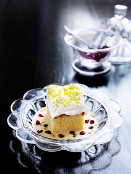 Milk cake with pomegranate and pistachio