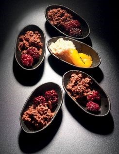 Milk chocolate & jasmine granita with poached apricots