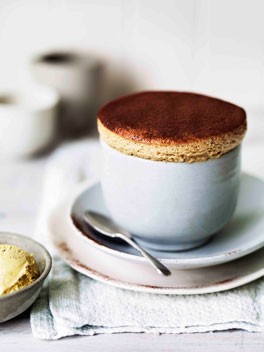 Milk chocolate and date soufflés with caramelised walnut ice-cream