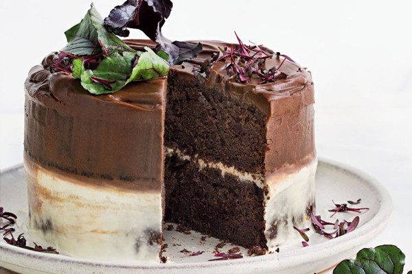 Milk chocolate beetroot cake with orange ricotta cream