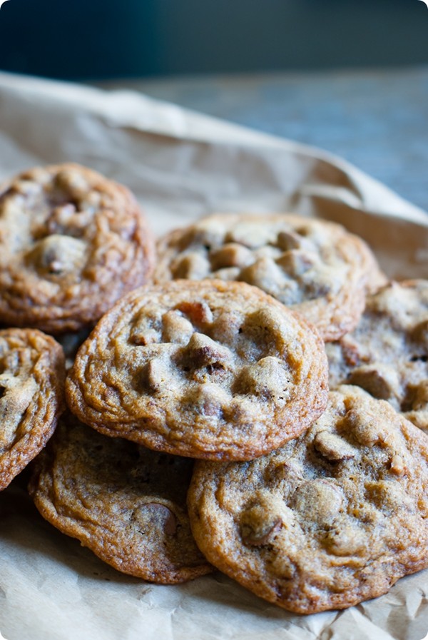 Milk chocolate chip cookies with candied bacon and pecans