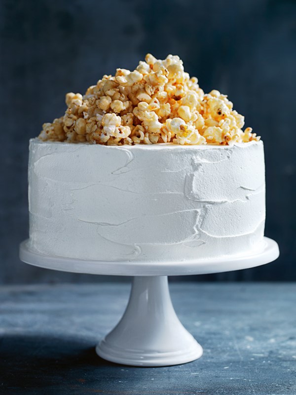 Milk chocolate layer cake with caramel popcorn