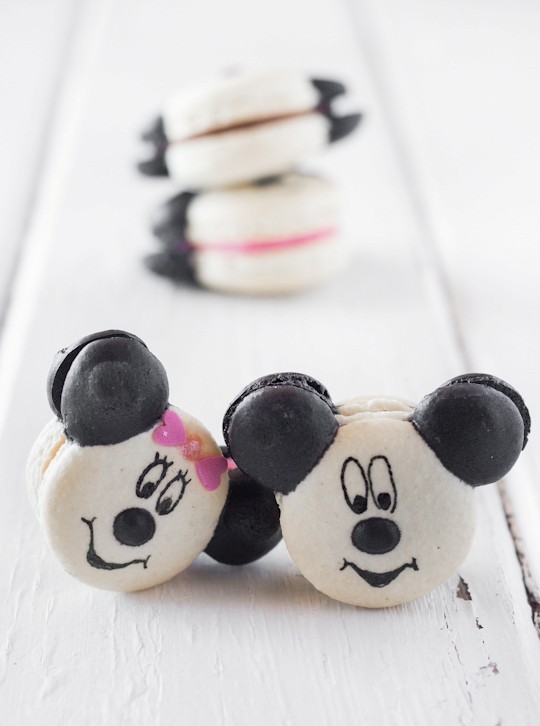 Milk chocolate Mickey Mouse macarons and strawberry Minnie Mouse macarons