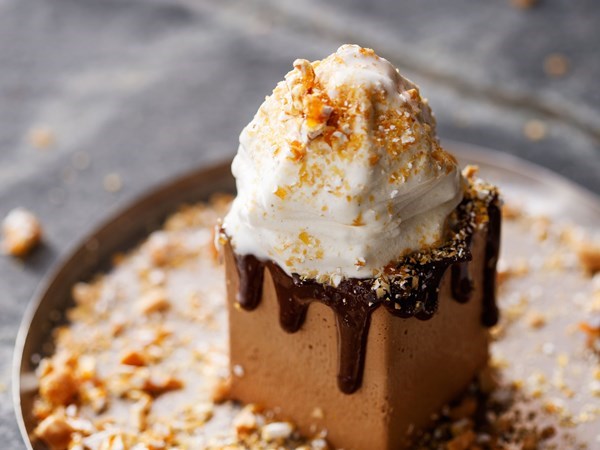 Milk chocolate mousse with salted popcorn & peanut brittle