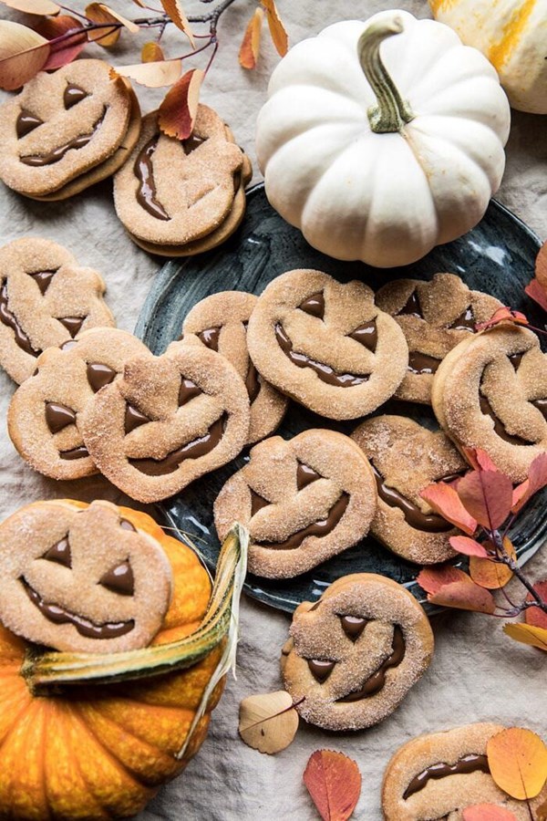 Milk chocolate stuffed jack-o'-lantern cookies